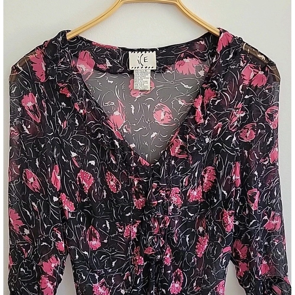 ICE Vintage Y2K Beaded Sheer Silk Floral Blouse Dark Fairy Feminine‎ Whimsigoth - Picture 3 of 14